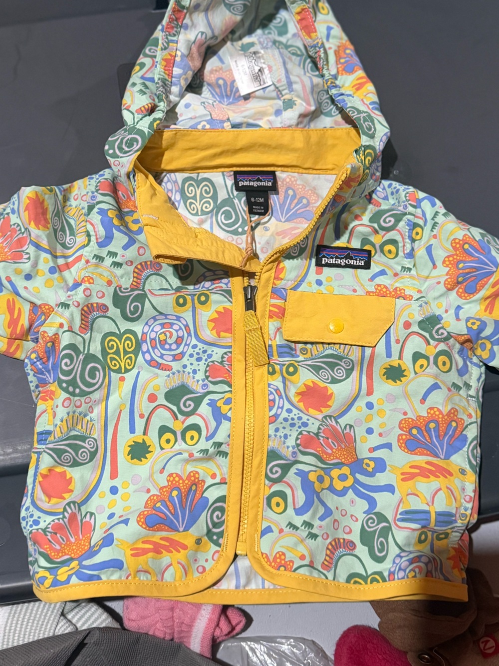 Patagonia Kids Floral Rain Jacket - Yellow Trim and Multicolor Print